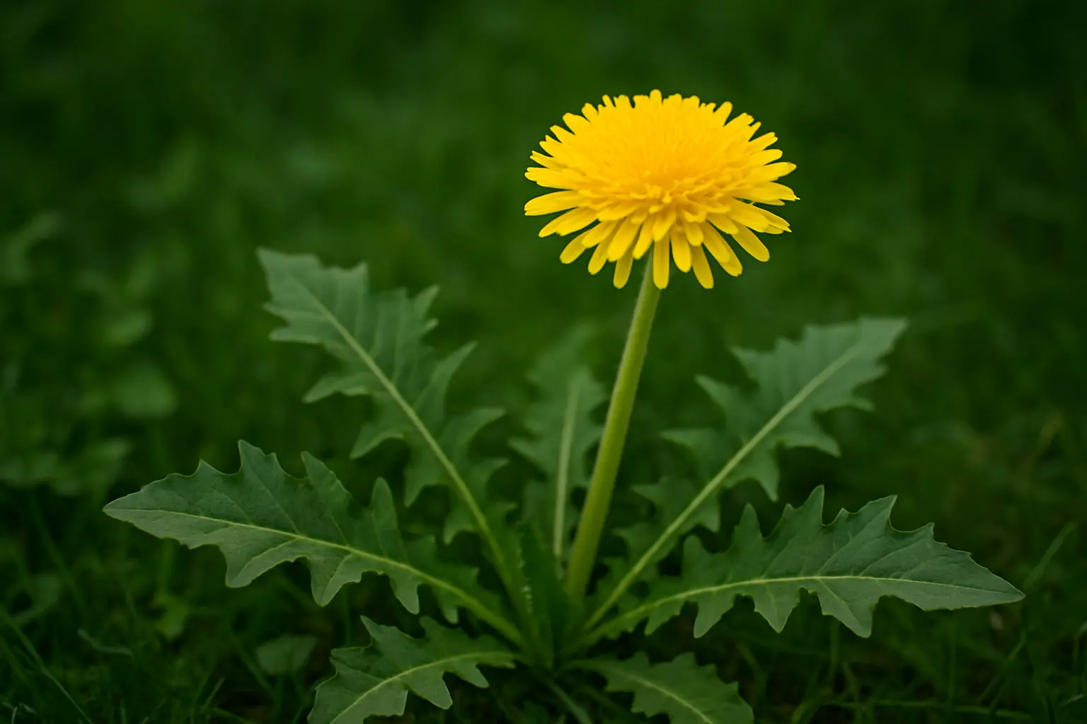 Löwenzahn-Rosette mit gezähnten Blättern, gelber Zungenblüte, hohlem milchendem Stiel