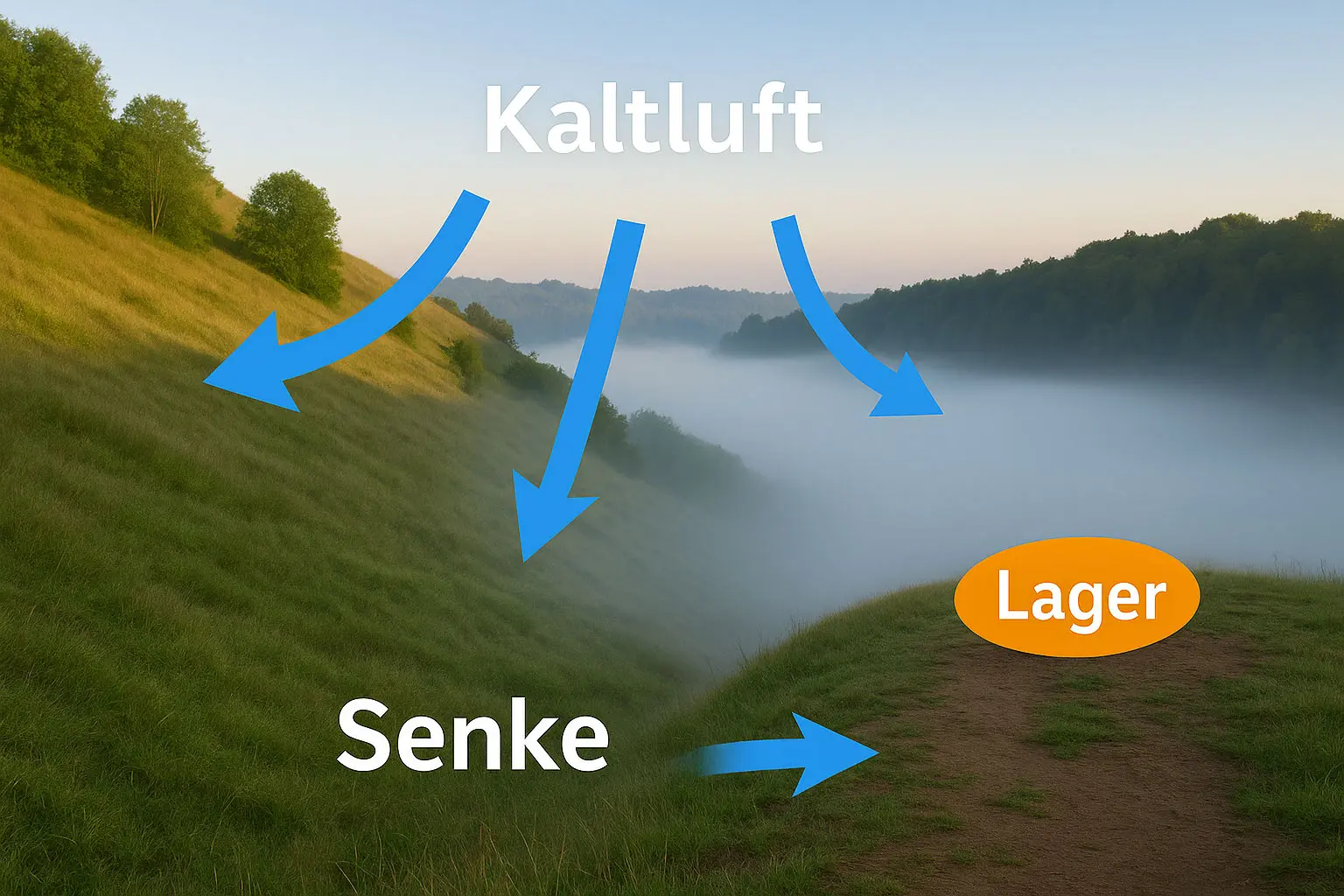Skizze mit Kaltluftpfeilen hangabwärts, Nebellinse im Tal, bevorzugte Lagerterrasse am Hang