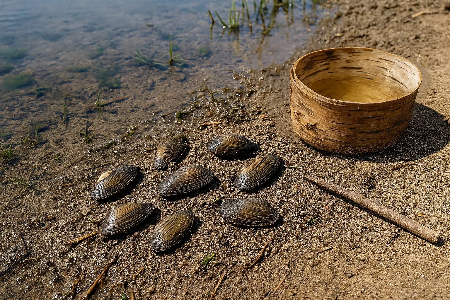 Uferbank mit eingegrabenen Muscheln; daneben ein Gefäß mit klarem Wasser zum Spülen.
