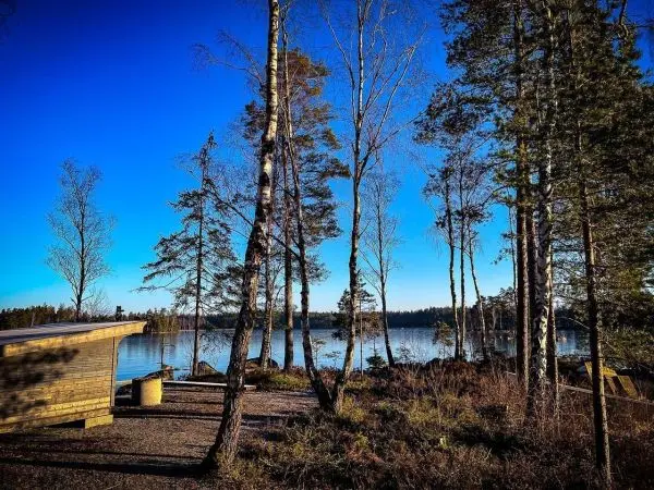 Blick auf einen See mit Bäumen und einem Holzgebäude
