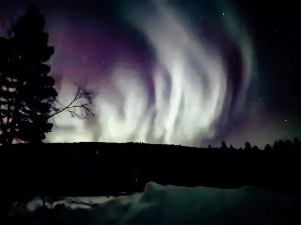 Farbenfrohe Lichtstreifen am Nachthimmel über einer silhouettierten Landschaft