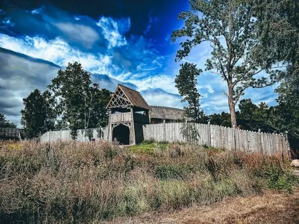 Holzbau mit Dach und Zaun umgeben von Bäumen und hohem Gras
