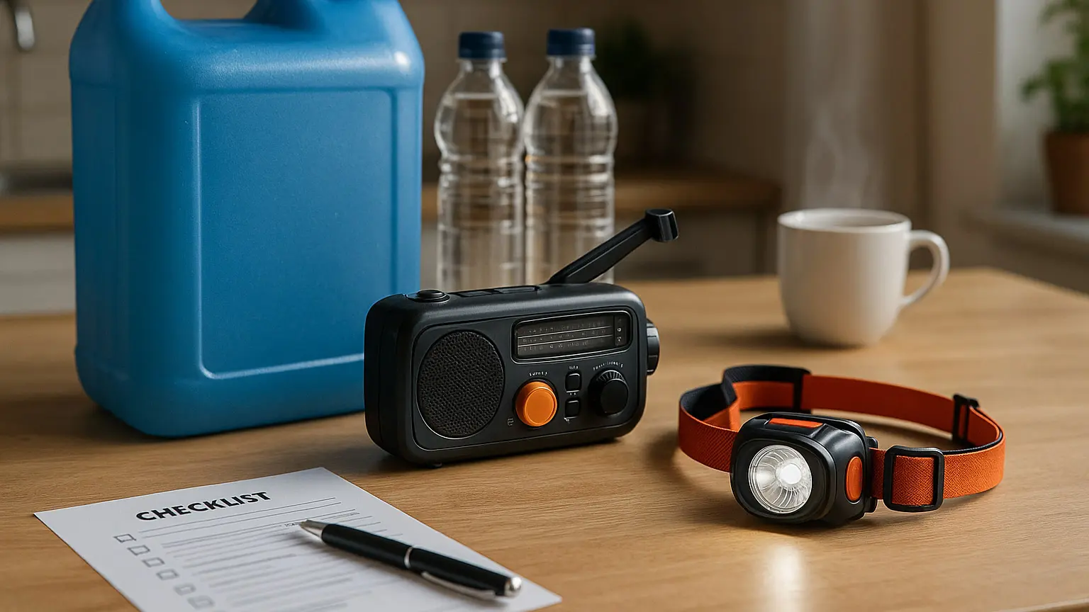 Notfallvorräte im Wohnzimmer – Wasserkanister, Konserven, Taschenlampe und Kurbelradio auf dem Tisch