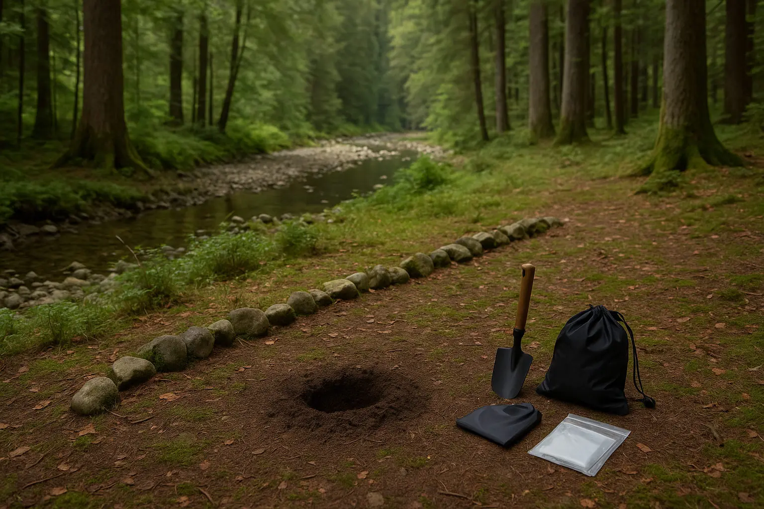 Übersicht: geeigneter Cat-Hole-Standort im Wald, 70 m vom Wasser entfernt, markierter Abflussweg; Schaufel und Beutel bereitgelegt