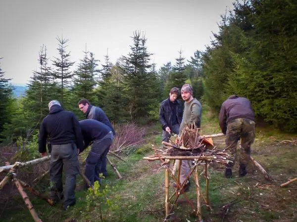 Gruppe arbeitet an einer Holzstruktur im Wald, sammeln Äste und Zweige
