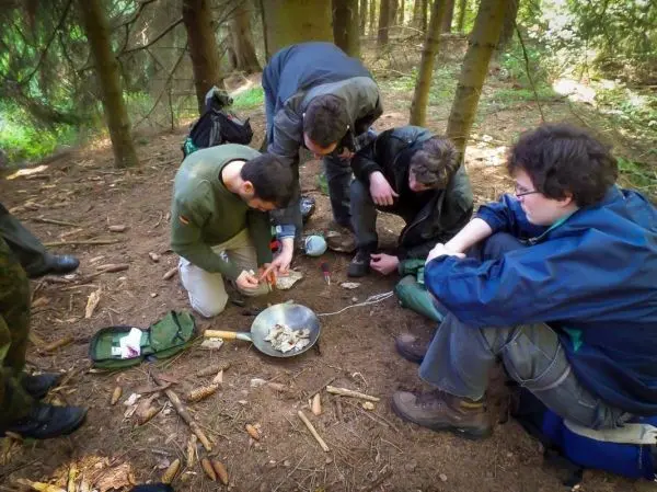 Gruppierung bereitet Zunder in einer Schüssel im Wald vor