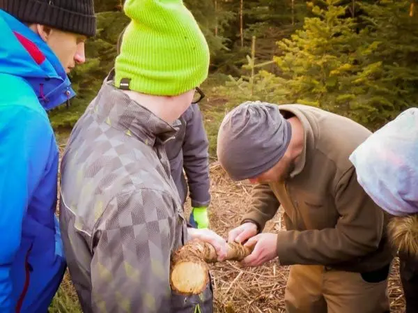 Eine Person bearbeitet einen Holzstock, während andere zuschauen