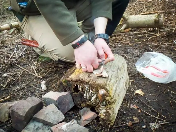 Messer schneidet Holzstück auf dem Boden, um Zunder vorzubereiten