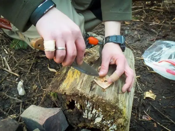 Messer schneidet Holzstück auf einem Baumstamm