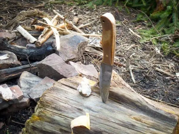 Messer steckt in einem Holzstück, umgeben von kleinen Ästen und Steinen