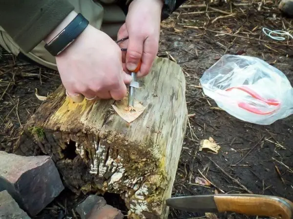 Person schnitzt mit einem Messer in ein Stück Holz beim Survival Training