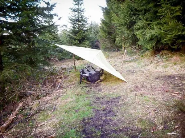 Tarp-Notunterkunft ist zwischen Bäumen mit Abspannschnur befestigt