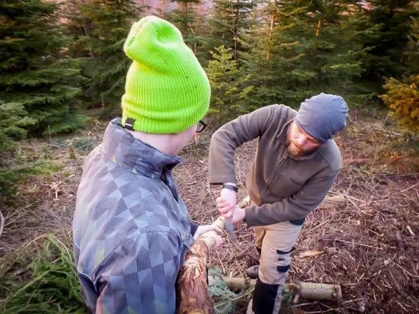 Zwei Personen bearbeiten einen Holzstock im Wald