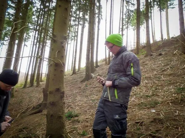 Zwei Personen stehen im Wald, eine hält ein Smartphone in der Hand