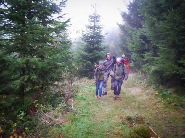 Drei Personen tragen Ausrüstung und gehen einen schmalen Waldweg entlang