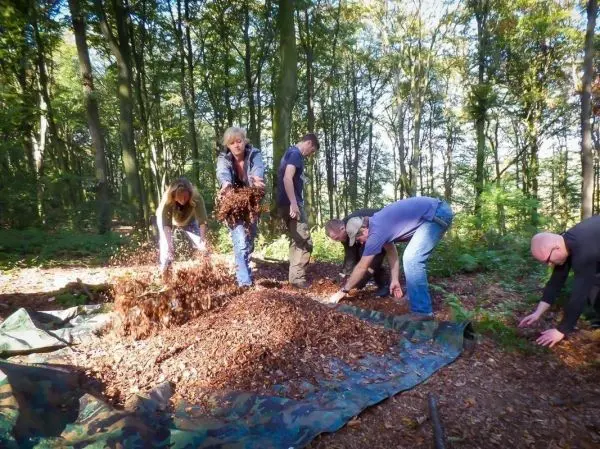 Gruppe arbeitet gemeinsam an einem Haufen Laub auf einer Tarp-Unterlage im Wald