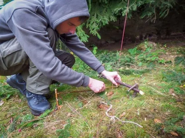 Person baut eine Falle aus Ästen und Schnur