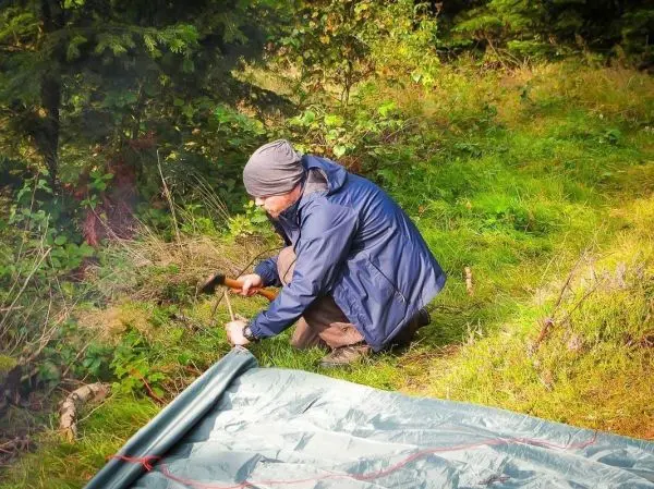 Hering wird in den Boden geschlagen, um eine Tarp-Notunterkunft zu sichern