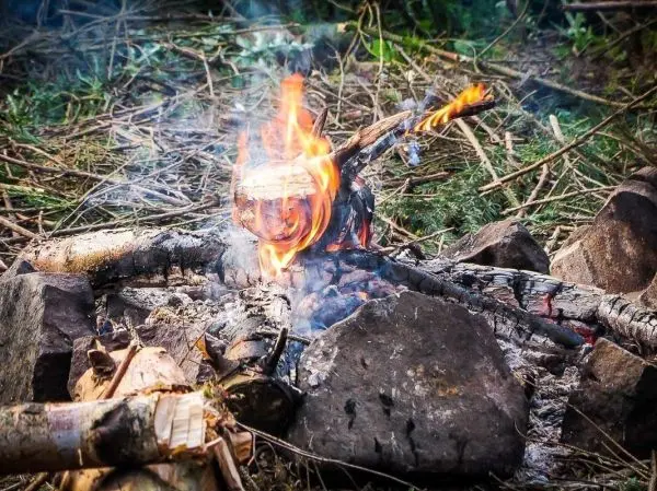 Kleine Flamme brennt auf einem Holzstapel zwischen Steinen