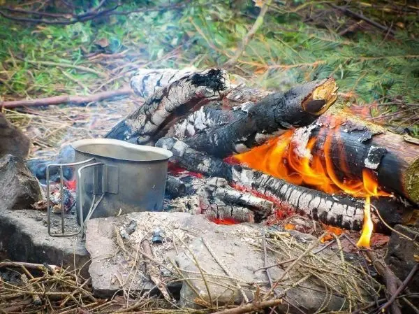 Kleine Flamme brennt zwischen Holzscheiten, Kessel steht auf Steinen