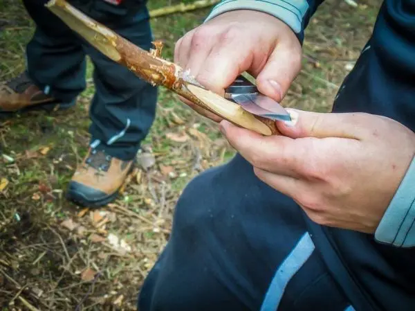 Person schnitzt mit einem Messer einen Stock im Wald