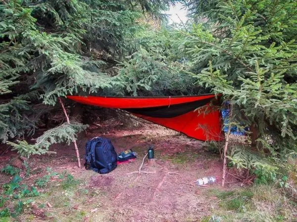 Tarp-Notunterkunft zwischen Bäumen mit Rucksack und Wasserflasche im Vordergrund