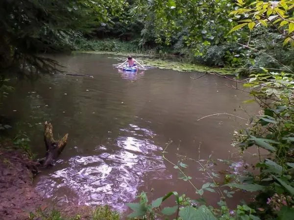 Person schwimmt auf einem aufblasbaren Boot in einem ruhigen Gewässer zwischen Pflanzen
