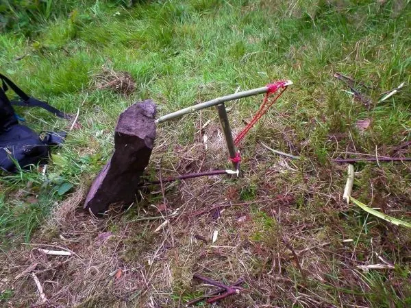 Schlagfalle (Figure-Four) mit Stein als Gewicht und Holzstücken konstruiert