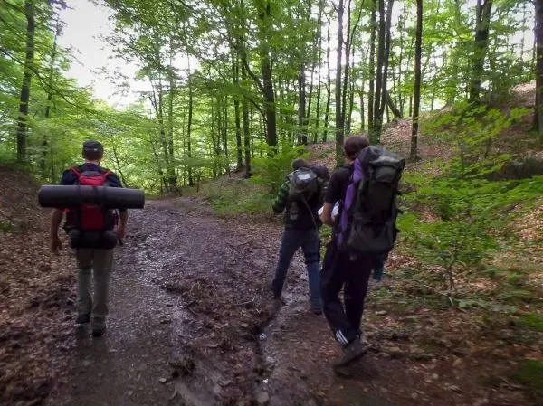 Wanderer mit Rucksäcken gehen einen matschigen Waldweg entlang