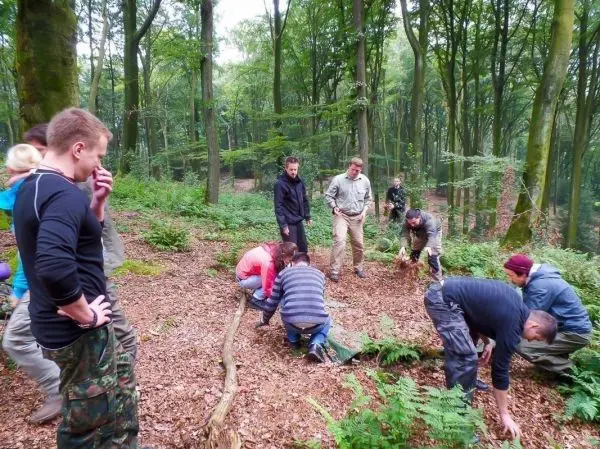 Gruppe arbeitet am Boden im Wald, einige graben, andere beobachten