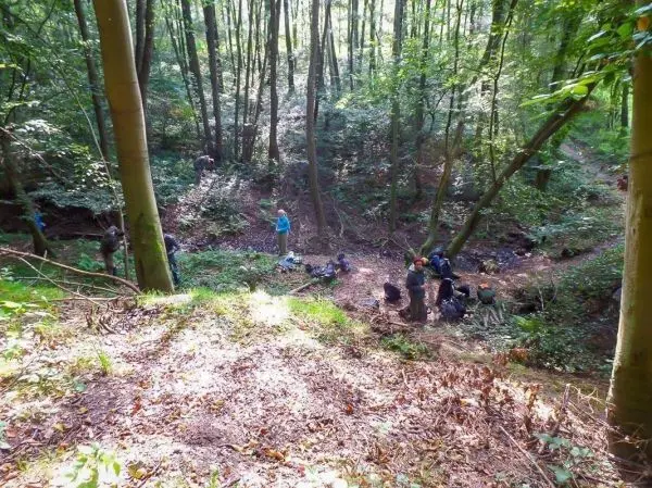 Gruppe arbeitet im Wald, einige sammeln Materialien, andere bereiten etwas vor