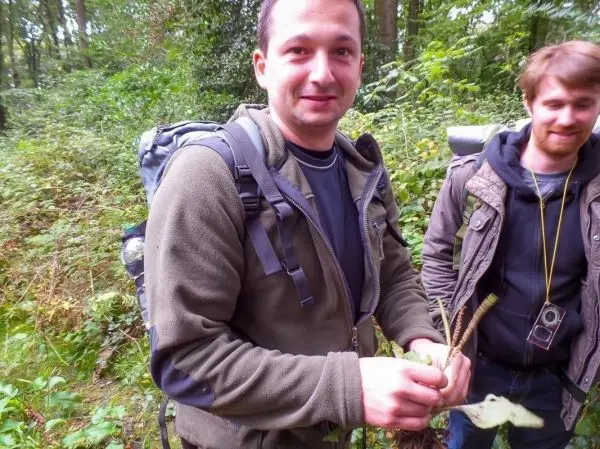 Mann hält Pflanze in der Hand, im Hintergrund Wald und andere Person sichtbar