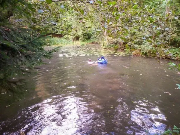 Person mit Rucksack schwimmt in einem Gewässer umgeben von Pflanzen