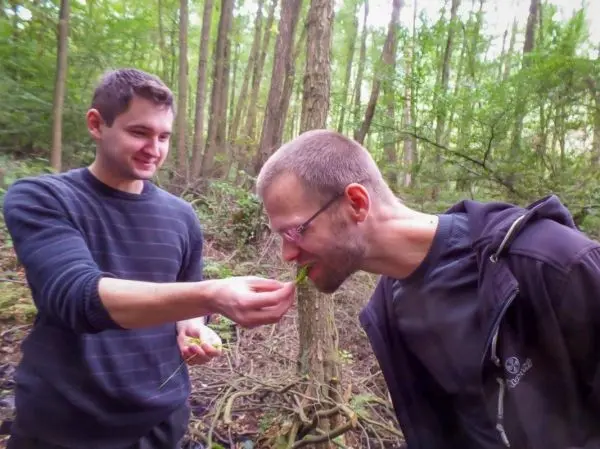 Zwei Personen stehen im Wald, eine Person reicht der anderen etwas zum Essen