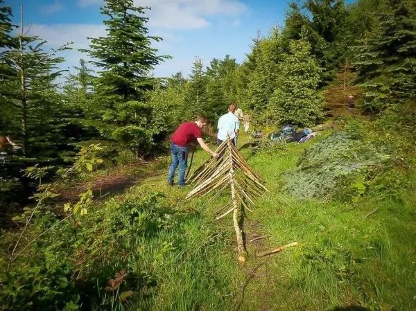 Drei Personen bauen eine selbstgebaute Tarp-Notunterkunft aus Ästen im Wald