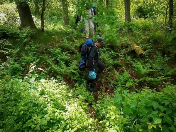 Mann mit Rucksack überquert einen kleinen Graben im Wald