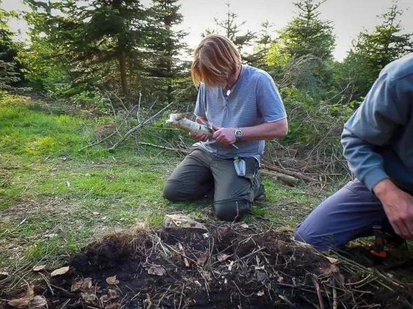 Person schnitzt mit einem Messer an einem Stock im Wald