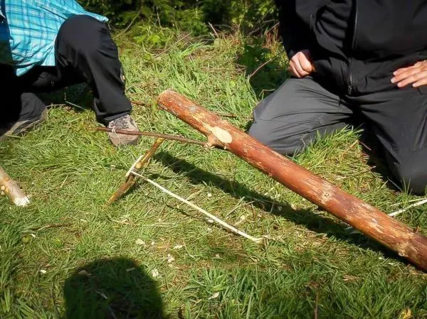 Schlagfalle (Figure-Four-Falle) mit Holzstück und Auslöser auf dem Boden