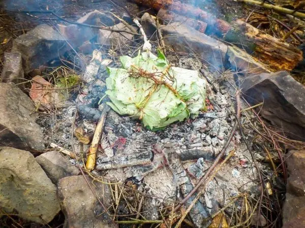 Kohlblätter liegen auf glühenden Kohlen in einer Feuerstelle, Rauch steigt auf