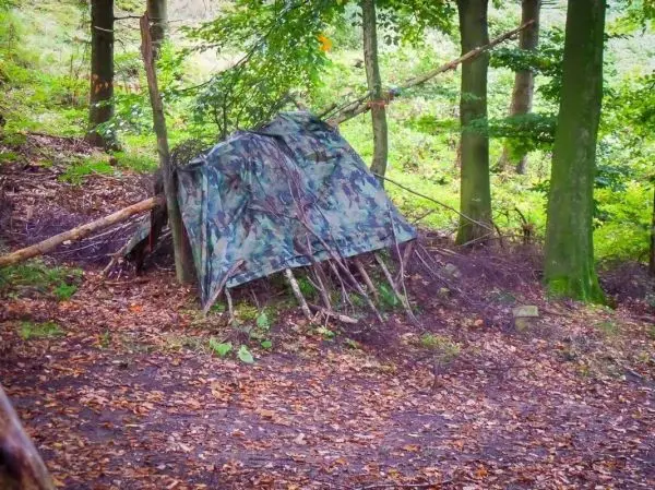 Tarp-Notunterkunft aus Ästen und einer camouflagierten Plane zwischen Bäumen
