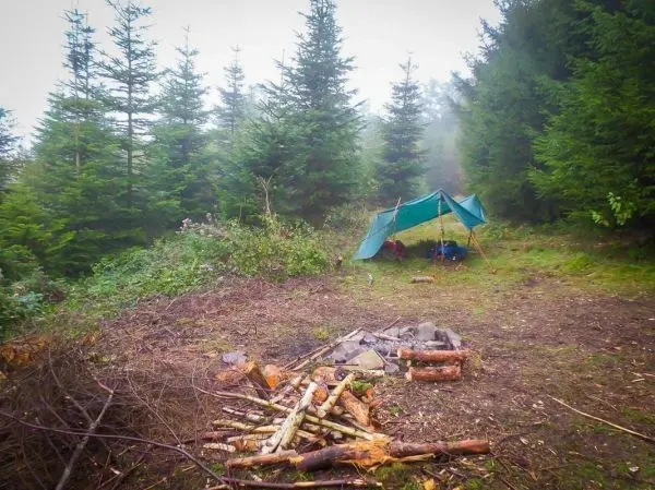 Tarp-Notunterkunft steht zwischen Bäumen, Holzstapel und Feuerstelle im Vordergrund