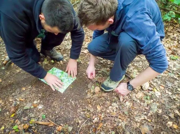 Zwei Personen analysieren eine Karte auf dem Waldboden