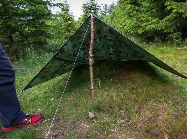Tarp-Notunterkunft mit einem Stock als Stütze und Abspannschnur im Wald