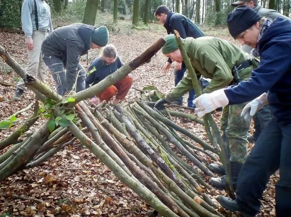 Gruppierung von Personen baut eine Holzstruktur im Wald auf
