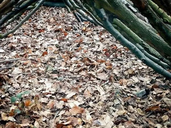 Laubhütte aus Ästen und Laub auf dem Boden