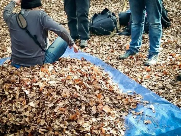 Mann sitzt auf einem Haufen Laub, umgeben von weiteren Personen und Ausrüstung