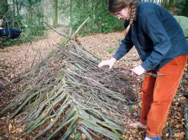 Person baut eine Tarp-Notunterkunft aus Ästen im Wald