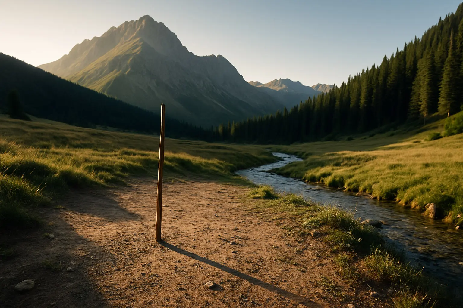 Morgenlicht über einem Bergkamm, Schattenstab im Vordergrund, Bachlauf im Tal – natürliche Orientierungshilfen
