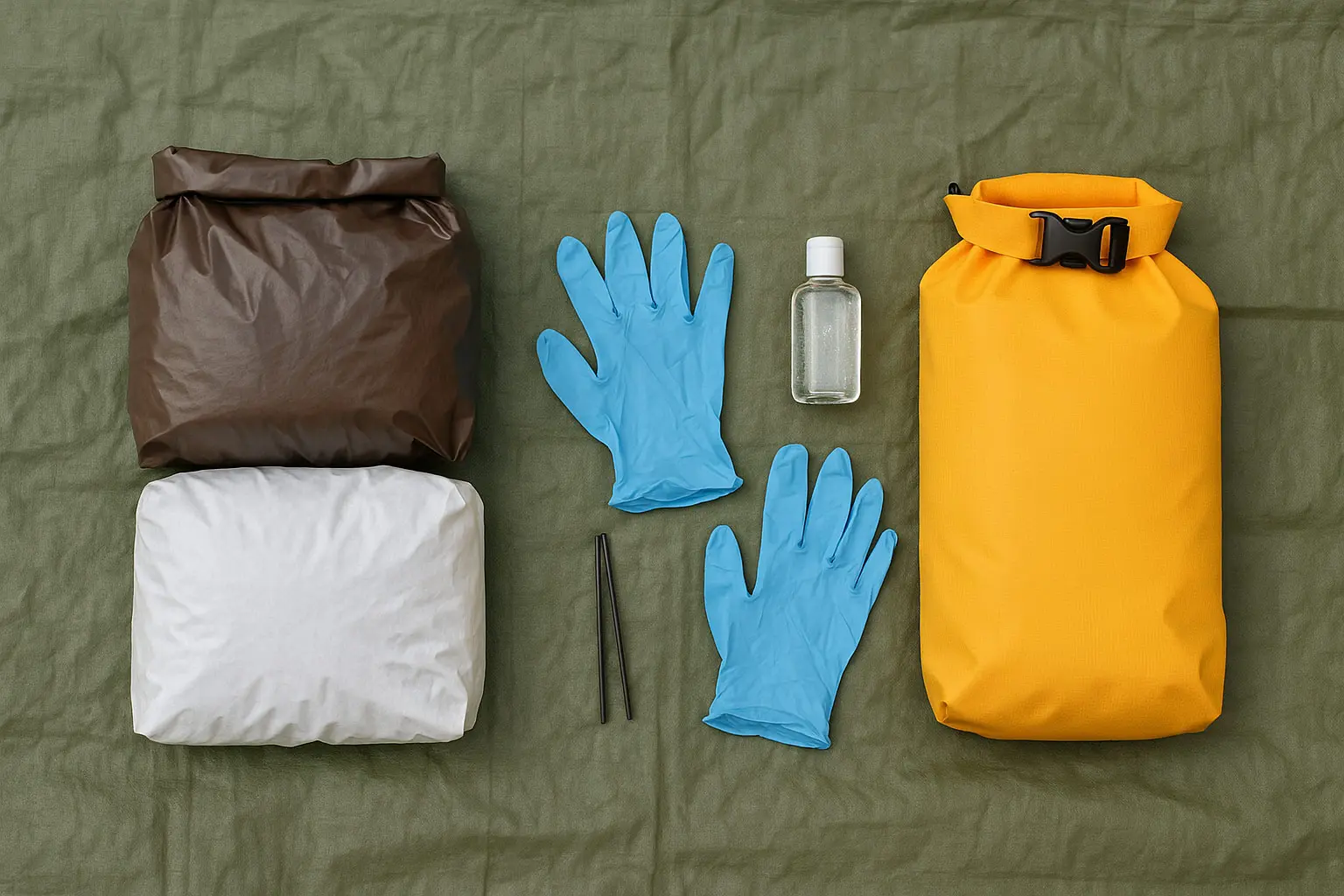 Pack-out-Set auf einer Plane: Doppelsacksystem, Handschuhe, Desinfektionsgel, Drybag