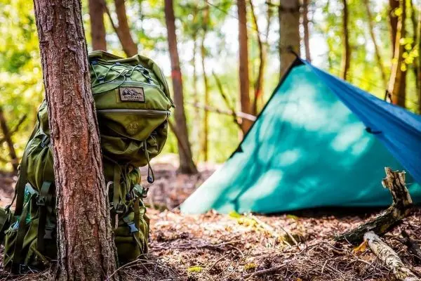 Rucksack lehnt an Baum neben einem blauen Zelt im Wald
